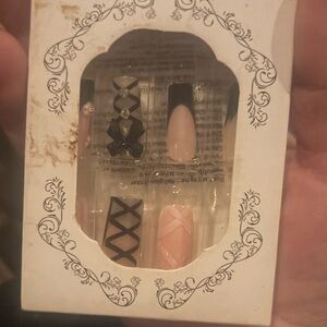 Pink & Black French, 3D bows, rhinestones Press-On Nail Set